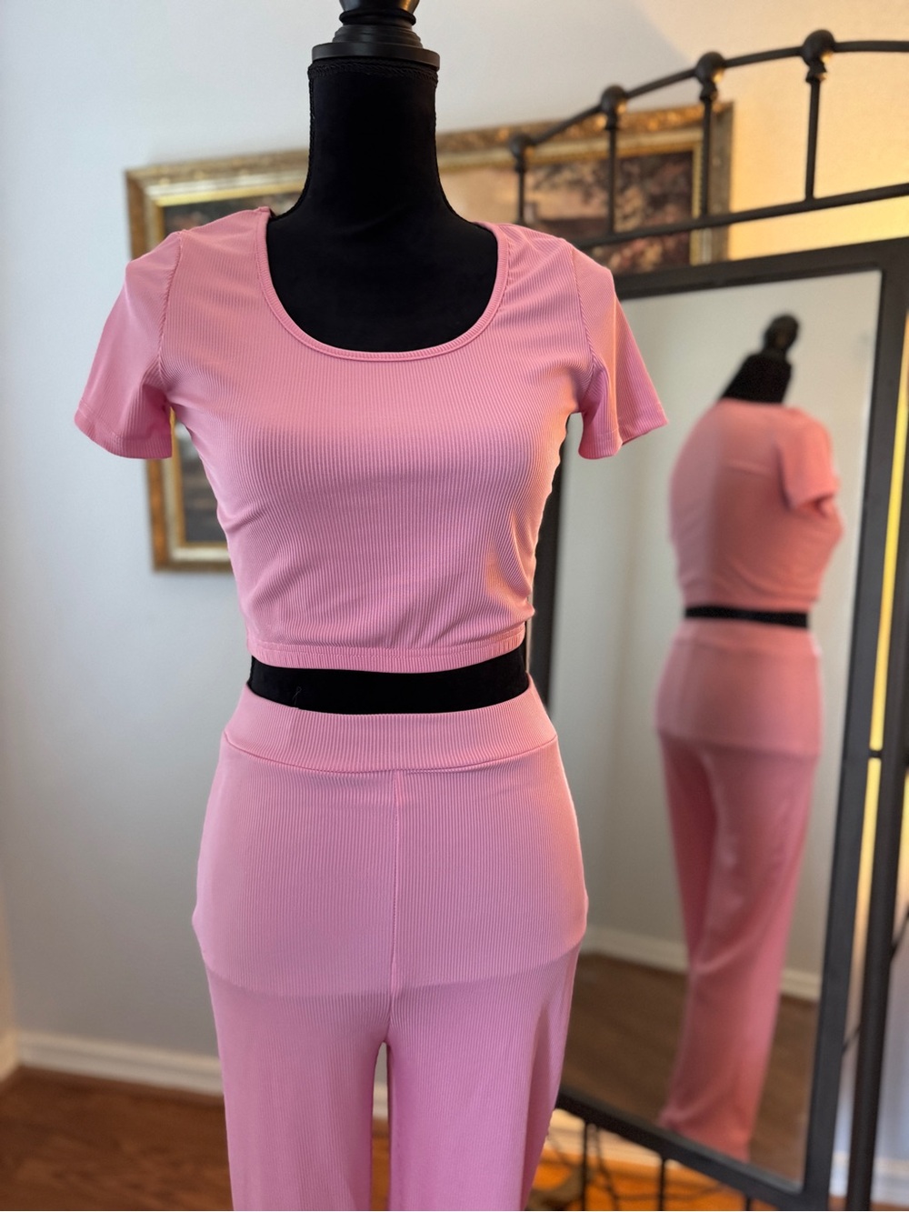 Pink Ribbed Two-Piece Crop Top & High-Waist Pants Set